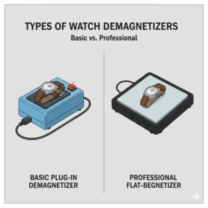 Hand movement and button press technique showing how to demagnetize a mechanical watch properly.