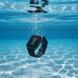 A close-up of the water resistance feature on the best budget smartwatches under 100 submerged in water.