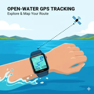 Graphic illustration of waterproof smartwatches for swimming using GPS to track routes in open water environments.
