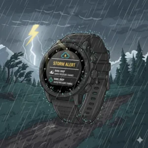 A storm alert and water resistance display on the best watches for hiking and outdoor adventures in harsh weather.