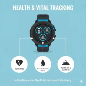 Illustration of health and vital tracking sensors found in rugged smartwatches for outdoor activities.