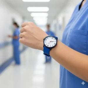 A medical professional wearing a blue silicone watch, showcasing the comfort and style of the best watches for doctors and nurses.