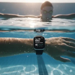 A swimmer wearing one of the best smartwatches for fitness tracking to monitor underwater laps.