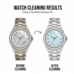 A before and after comparison of a dirty watch restored using the best watch cleaning kits on Amazon.