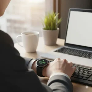 A person wearing the best smartwatch for blood pressure monitoring during a normal work day to track heart health.