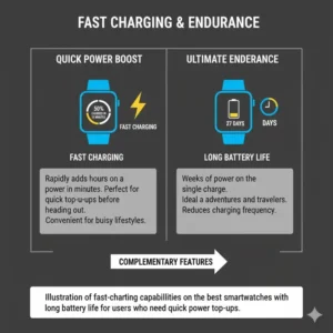 Visual representation of fast charging speed vs endurance for the best smartwatches with long battery life.