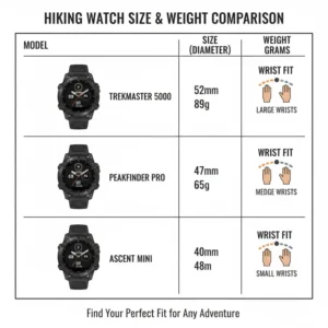 A size and weight comparison chart to help you choose the best watches for hiking and outdoor adventures for your wrist.