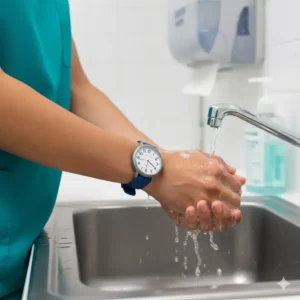 A nurse washing hands at a clinical sink while wearing one of the water-resistant best watches for doctors and nurses.