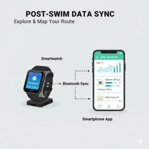 Mobile app interface showing data synchronization from waterproof smartwatches for swimming after a workout.