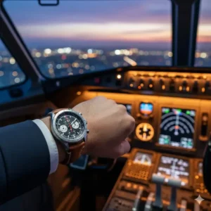 Close-up of a GMT dual-time function found on the best watches for pilots.