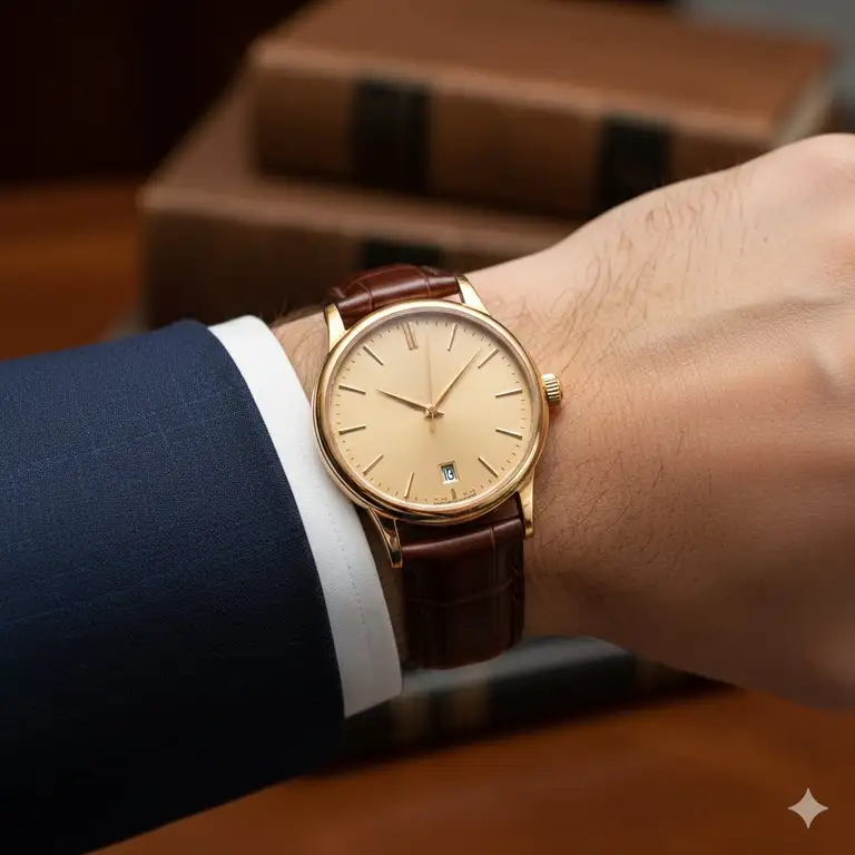 A luxury dress watch on a wrist showing watches that go well with formal suits.