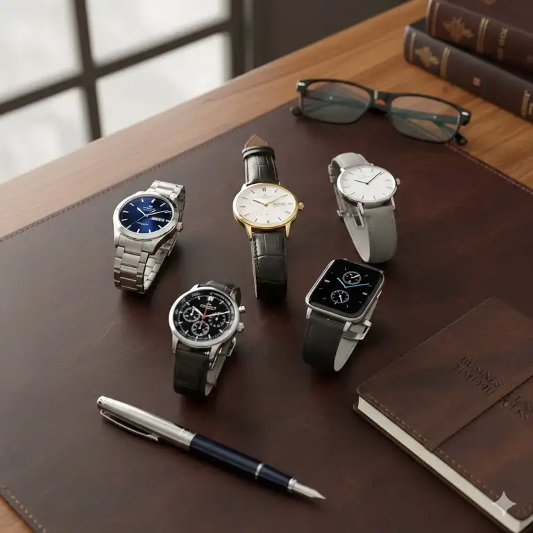 A luxury collection of the best watches for business professionals displayed on a premium leather desk mat.