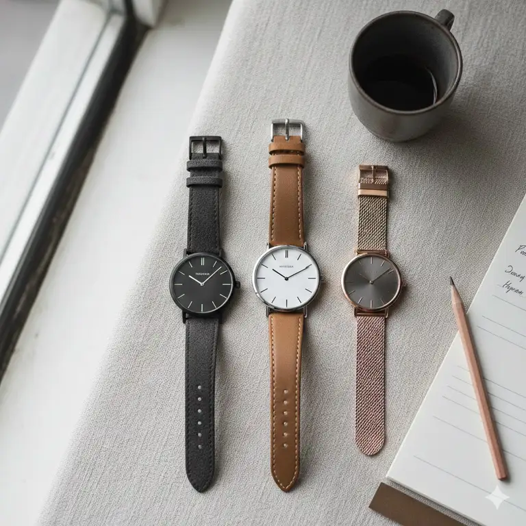 A collection of the best watches for minimalists featuring slim profiles and leather straps on a neutral background.