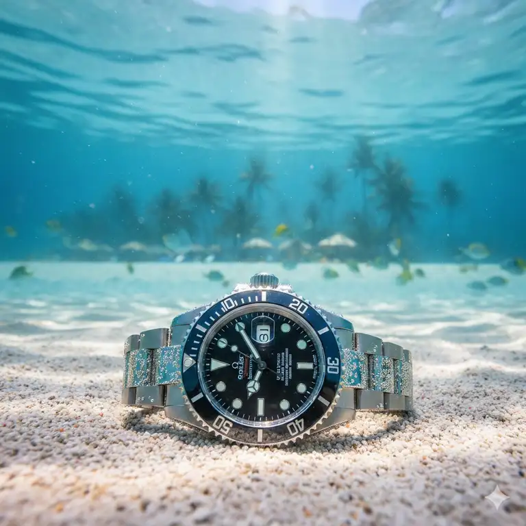 A luxury dive watch submerged in clear ocean water, representing the best waterproof watches for beach trips.