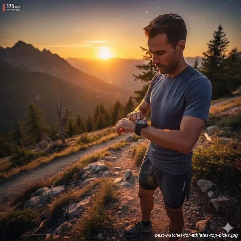 A professional runner checking heart rate data on one of the best watches for athletes during a trail run at sunset.
