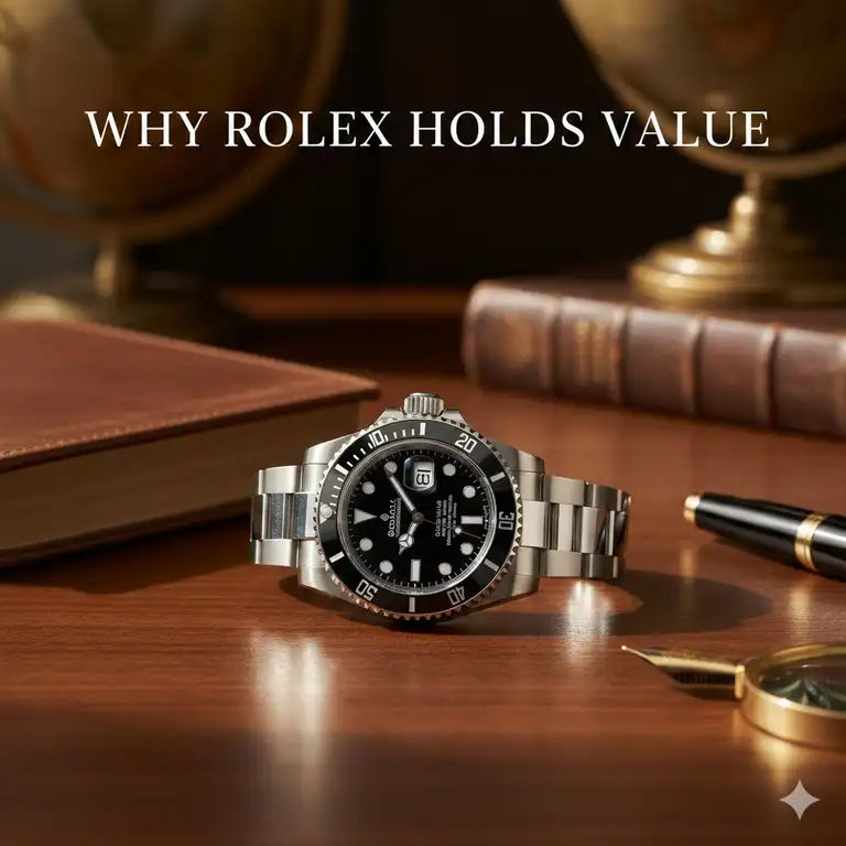 A luxury timepiece on a professional desk showing why rolex watches hold their value over time.