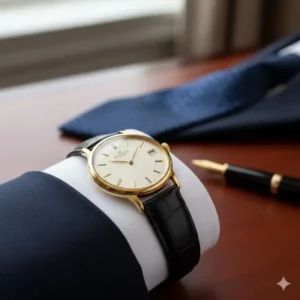 A classic gold dress watch on a wrist, representing the best watches for business professionals in formal meetings.