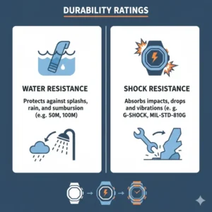 A technical chart explaining durability and water resistance standards for the best watches for construction workers.