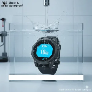 A rugged and waterproof design representing the durability found in the best watches for athletes submerged in water.