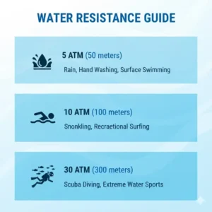 A technical infographic chart comparing ATM ratings for the best waterproof watches for beach trips.