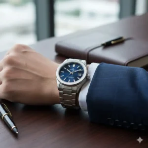 A stainless steel sports watch paired with a suit, one of the best watches for business professionals who value versatility.