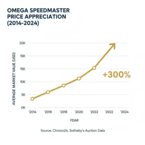 A detailed price appreciation chart documenting the long-term omega speedmaster investment potential over the years.