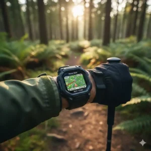 A rugged GPS digital watch highlighting the best watches for travel and adventure in the wilderness.