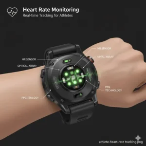 Close-up of an advanced optical heart rate sensor, a key feature in the best watches for athletes for performance tracking.