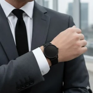 Sleek black on black model of the best watches for minimalists for men paired with a modern professional outfit.