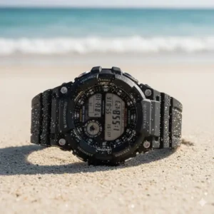 A durable digital watch on white sand, showcasing rugged features of the best waterproof watches for beach trips.