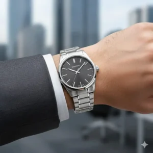Stainless steel silver watches that go well with formal suits in a professional business setting.