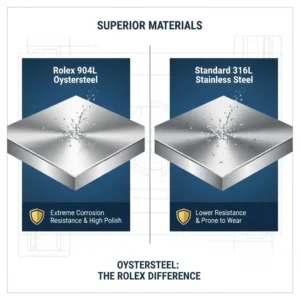 Infographic of 904L Oystersteel durability illustrating why rolex watches hold their value better than others.