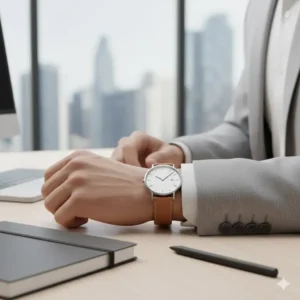 Modern minimalist silver timepiece, a top choice among the best watches for business professionals with contemporary style.