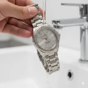 Someone rinsing salt water off a stainless steel timepiece, a key maintenance tip for the best waterproof watches for beach trips.