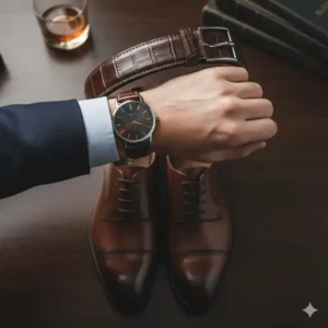 Matching leather strap watches that go well with formal suits and dress shoes.