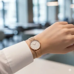Elegant rose gold version of the best watches for minimalists for women with a mesh band.