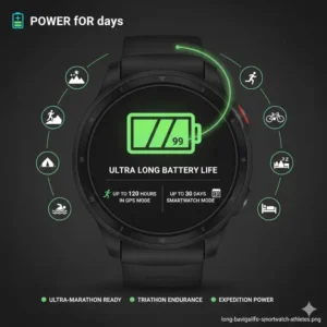 An infographic showing the ultra-long battery life and power management of the best watches for athletes.