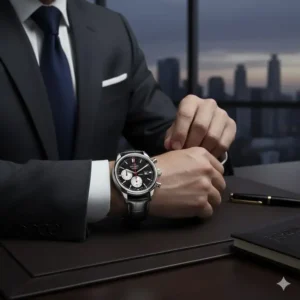 An executive chronograph watch in a boardroom setting, showcasing the best watches for business professionals.