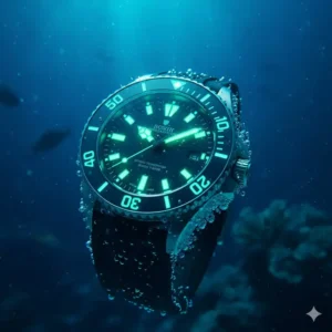Close-up of a glowing luminous dial in deep water, a safety feature of the best waterproof watches for beach trips.