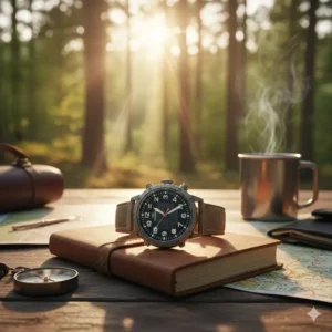 A solar-powered field watch recharging outdoors, perfect as the best watches for travel and adventure.