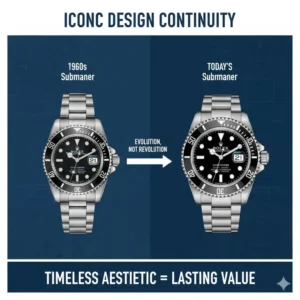 Comparison of vintage and modern models showing how design continuity is why rolex watches hold their value.
