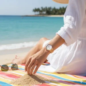 A woman wearing a rose gold timepiece on a towel, showcasing stylish options for the best waterproof watches for beach trips.