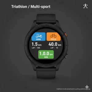 Interface showing transitions between swimming, cycling, and running modes on the best watches for athletes.