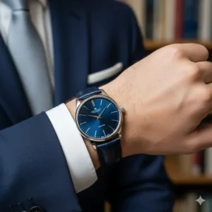 Modern blue dial watches that go well with formal suits in navy or charcoal grey.