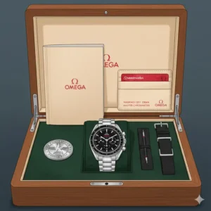 A complete original box and papers set which is crucial for maximizing omega speedmaster investment potential.