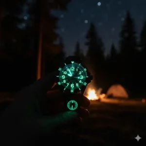 A glowing luminous watch dial at a campsite from our list of best watches for travel and adventure.