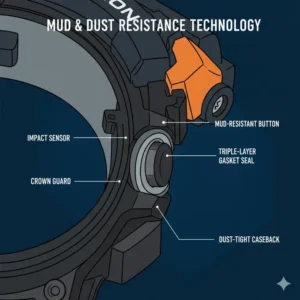 Close-up technical illustration of mud and dust resistant seals in the best watches for construction workers.