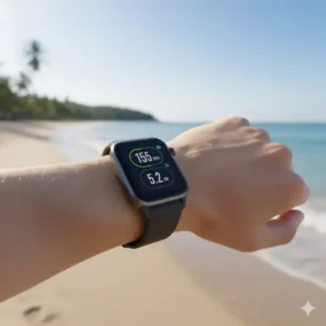 A waterproof smartwatch displaying fitness data during a run, ideal for those seeking the best waterproof watches for beach trips.