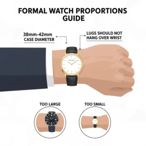 A guide on the proportions of watches that go well with formal suits based on case diameter.