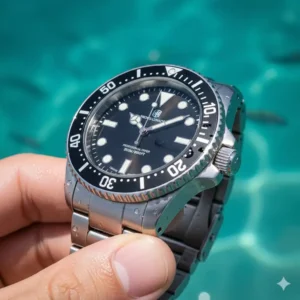 A person holding a professional mechanical diver's watch, highlighting the rotating bezel of the best waterproof watches for beach trips.
